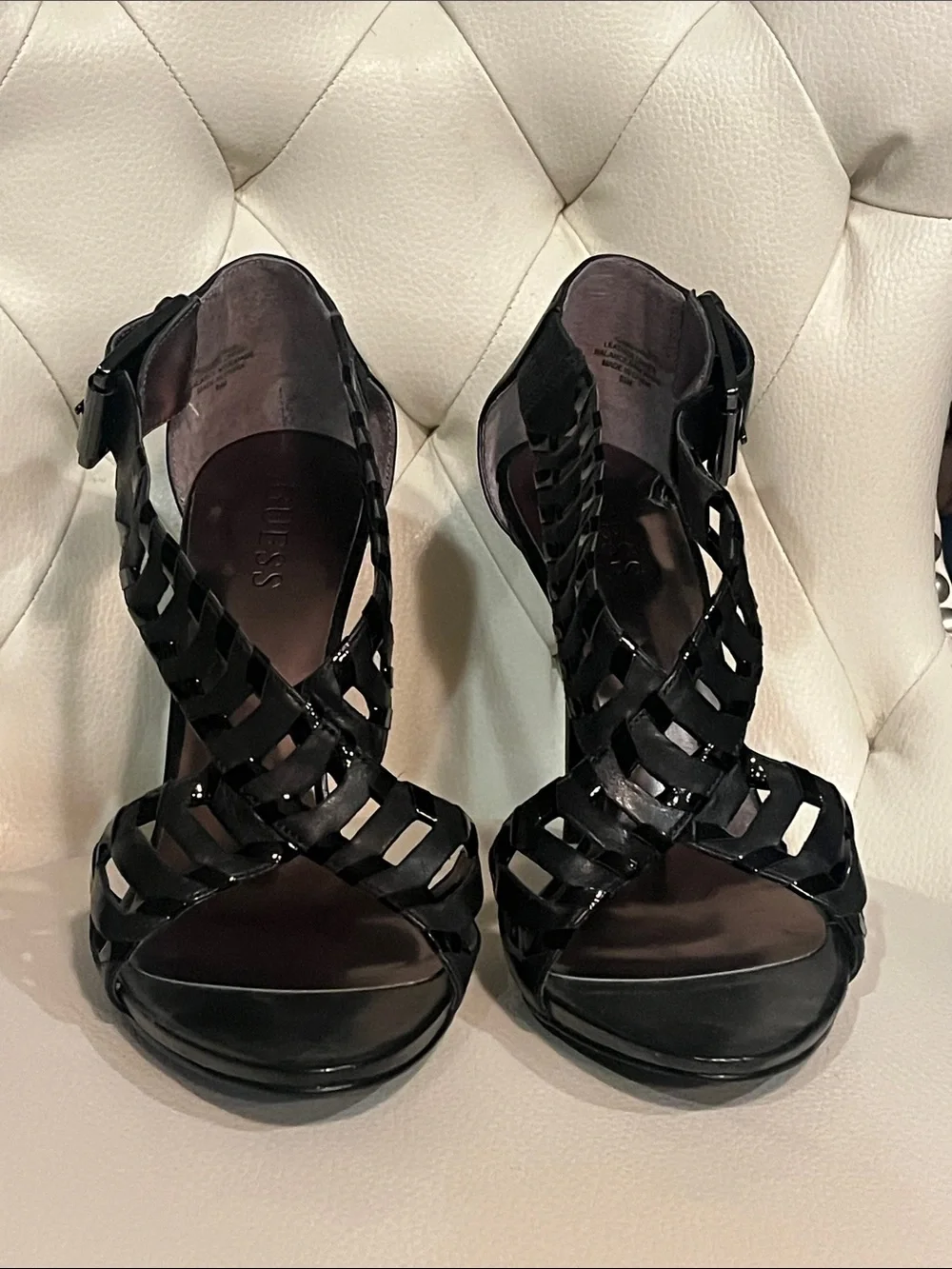 Guess by Marciano Glossy Black Leather Strappy Stiletto Sandals 8.5